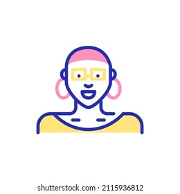 Woman wearing a head scarf in glasses with big ring earrings. Pixel perfect, editable stroke color avatar icon