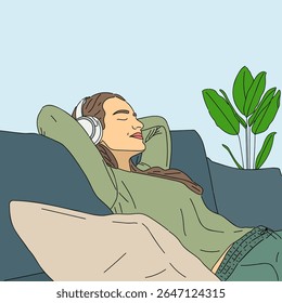 A woman wearing headphone listening music making her emotionally calm vector illustration
