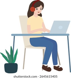 Woman wearing headphone and working on laptop sitting on a chair editable vector design illustration