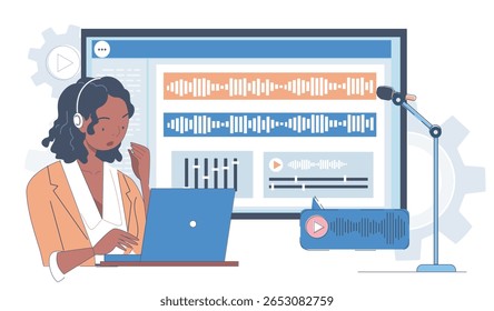 Woman wearing headphones editing audio on laptop with sound waveforms and mixing tools on background screen, modern workspace concept. Vector illustration