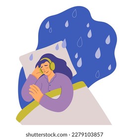 Woman wearing headphones falls asleep to the relaxing sounds of rain. Concept of using ASMR content for calm down. Vector illustration for banners, advertising and printing.