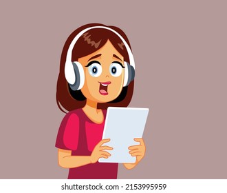 
Woman Wearing Headphones Holding Tablet Pc Vector Cartoon. Cheerful adult person listening and watching a podcast on her digital device
