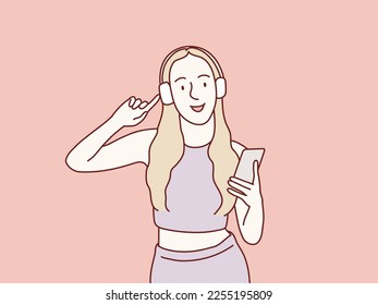 woman wearing headphones listening to music from smartphone and dancing simple korean style illustration