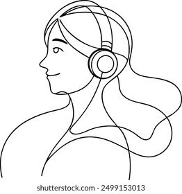 A woman wearing headphones. She is smiling. The image is in black and white. The woman is listening to music