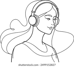 A woman wearing headphones and smiling. The image is a simple line drawing of a woman with headphones on