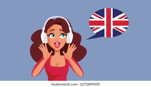 
Woman Wearing Headphones Speaking in English Vector Cartoon Illustration. Cheerful lady taking an online course learning a foreign language. 
