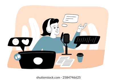 Woman wearing headphones, speaking into a microphone with a laptop, coffee, and notes on a desk. Social media icons float around. Podcasting concept