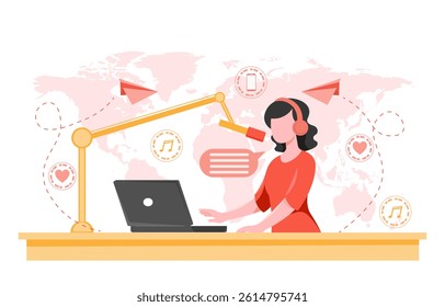 Woman wearing headphones speaking into a microphone while using a laptop, flat style on a world map background, concept of global podcasting. Vector illustration