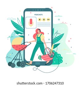 Woman wearing headphones walking with a baby stroller and listening to podcasts, online radio streaming, music or audiobooks. Concept for mobile application for reading or entertaining, landing page