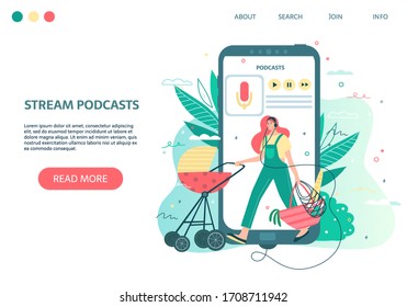 Woman wearing headphones walking with a baby stroller and listening to podcasts, online radio streaming, music or audiobooks. Vector illustation with reading or entertaining mobile.