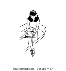 Woman wearing headphones working on Tablet Creative people lifestyle Hand drawn line art illustration