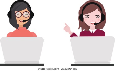 Woman wearing headsets conceptual of client services and communication. call center service job character. Female character set illustration.