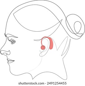 Woman wearing hearing aid continuous line drawing. Otolaryngology treatment concept. One line drawing of healthcare device, medicine technology. Vector illustration.