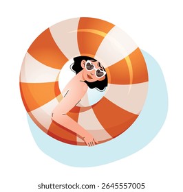 Woman wearing heart-shaped sunglasses relaxing inside an orange and white lifebuoy, enjoying summer vibes. Bright and playful illustration perfect for vacation and beach themes.