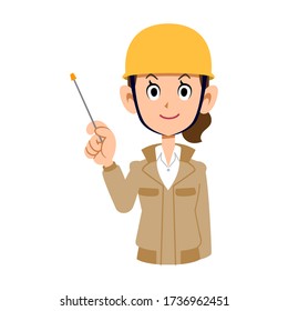 Woman wearing helmet wearing beige work clothes with pointing stick