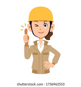 A woman wearing a helmet wearing beige work clothes to thumb up