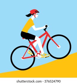 Woman wearing helmet climbing a hill by bicycle mountain. Vector illustration