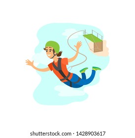 Woman wearing helmet and insurance falling from bridge, bungee jumping poster, freefall extreme sport, portrait view of smiling and flying female vector