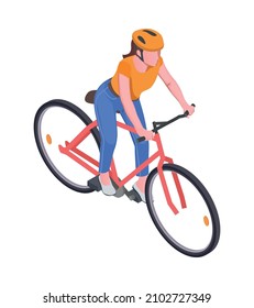 Woman wearing helmet riding bicycle isometric icon 3d vector illustration