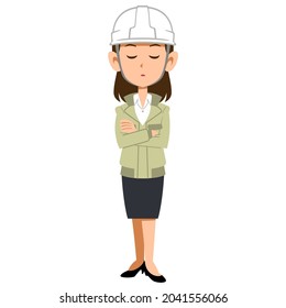 A woman wearing a helmet and work clothes, thinking with her arms folded