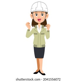 A woman wearing a helmet and work clothes in a guts pose