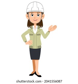 A woman wearing a helmet and work clothes, guided by her palm