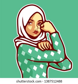 Woman Wearing Hijab In Classic Rosie The Riveter Pose. - Vector
