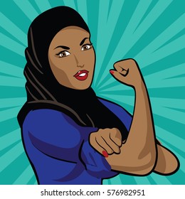 Woman Wearing Hijab In Classic Rosie The Riveter Pose. EPS 10 Vector.