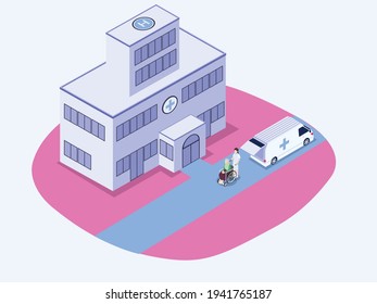 Woman wearing hijab entering hospital isometric 3d vector concept for banner, website, illustration, landing page, flyer, etc.