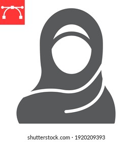 Woman Wearing Hijab Glyph Icon, Arab Girl And Religion, Muslim Woman Vector Icon, Vector Graphics, Editable Stroke Solid Sign, Eps 10