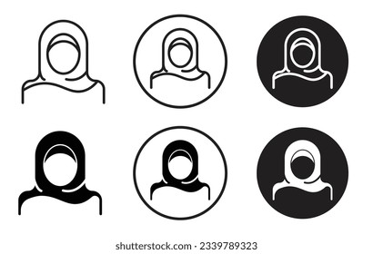 Woman wearing hijab icon set. saudi arab muslim girl, lady or female with hijab vector symbol in black filled and outlined style.