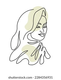 woman wearing hijab, isolated portrait of female character with closed eyes and smiling facial expression. Muslim girl with scarf. Monochrome sketch outline, line art minimalist. Vector in flat style