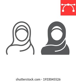 Woman wearing hijab line and glyph icon, arab girl and religion, muslim woman vector icon, vector graphics, editable stroke outline sign, eps 10