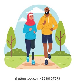 A woman wearing a hijab with a prosthetic leg, running alongside a bald man with a beard wearing a yellow hoodie. 