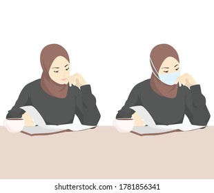 a woman wearing a hijab is reading a book, and is also wearing a mask