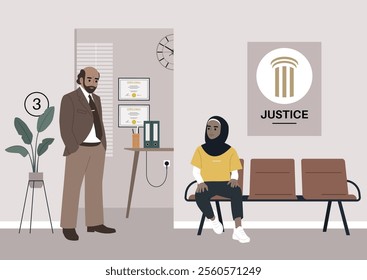 A woman wearing a hijab sits on a bench in a modern legal office while a man in a suit stands nearby, highlighting an atmosphere of professionalism and support in a justice-related setting