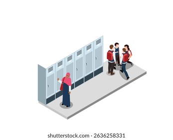 woman wearing a hijab standing alone near lockers, while a group of students walks away, symbolizing feelings of exclusion, isolation, in a school environment isometric 3d vector illustration