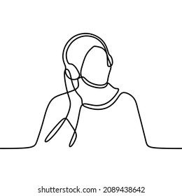 woman wearing hijab use headphone oneline continuous single line art
