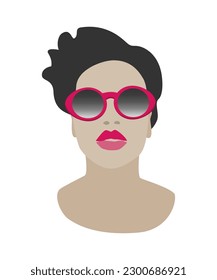 Woman wearing hot pink sunglasses and lipstick.