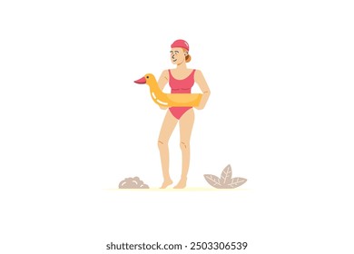 Woman wearing inflatable rubber duck ring on isolated background, Vector illustration.