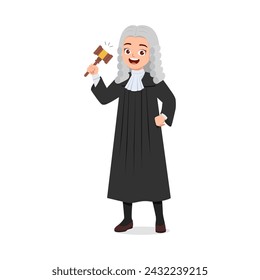 woman wearing judge costume and holding gavel hammer