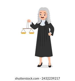 woman wearing judge costume and holding scale of justice