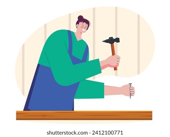 A woman wearing a jumpsuit and wearing her hair in a bun is hitting a hammer to a nail in the wood. Character design. Vector flat illustration
