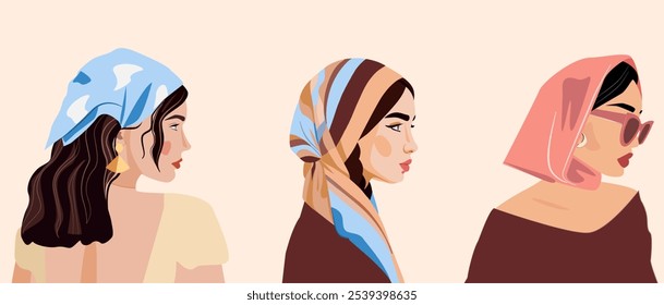 Woman is wearing kerchief. Bright colours. Hairstyles with a scarf. Different styles of summer hats and headscarves on girls. Headband, handkerchief, bandana. Stylish women's accessories headscarf