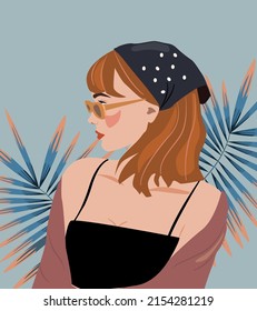 Woman is wearing kerchief. Warm summer illustration. Palm leaves on the background. Bright colours. Lipstick. Hairstyles with a scarf. Summer image of a woman in sunglasses and a hat