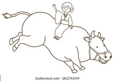 A woman wearing a kimono to ride a cow.  kimono is a traditional Japanese costume.