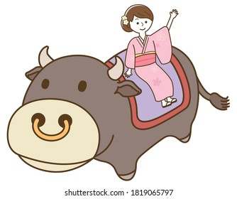 A woman wearing a kimono to ride a cow.  kimono is a traditional Japanese costume.