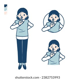 A woman wearing a knit vest with be quiet hand sign images.It's vector art so it's easy to edit.