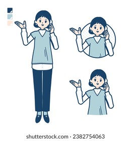 A woman wearing a knit vest with Call on smartphone images.It's vector art so it's easy to edit.