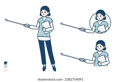 A woman wearing a knit vest with Explanation with a pointing stick images.It's vector art so it's easy to edit.